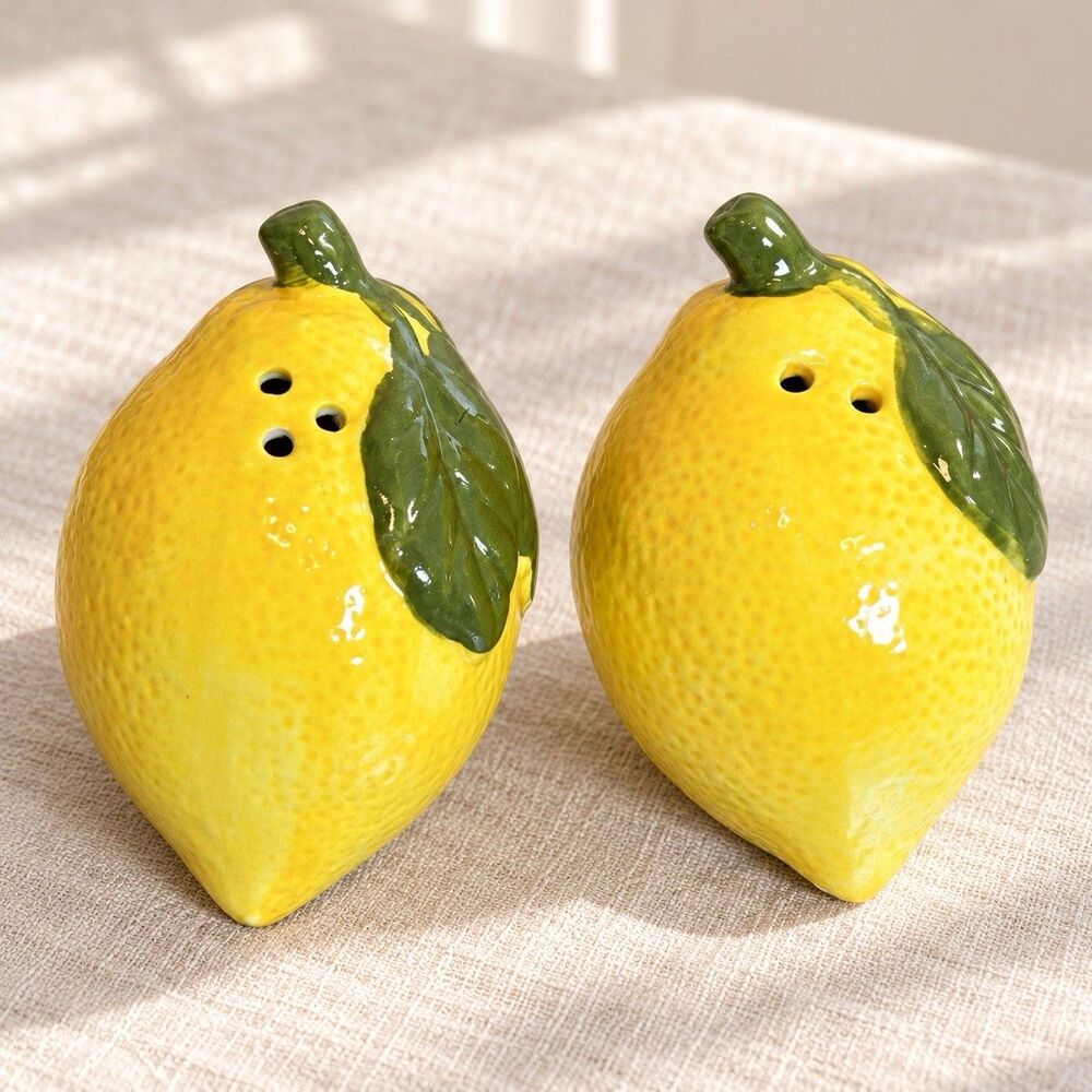 Ceramic Lemon Salt and Pepper Shakers Set Yellow Green Leaf Citrus Kitchen Decor